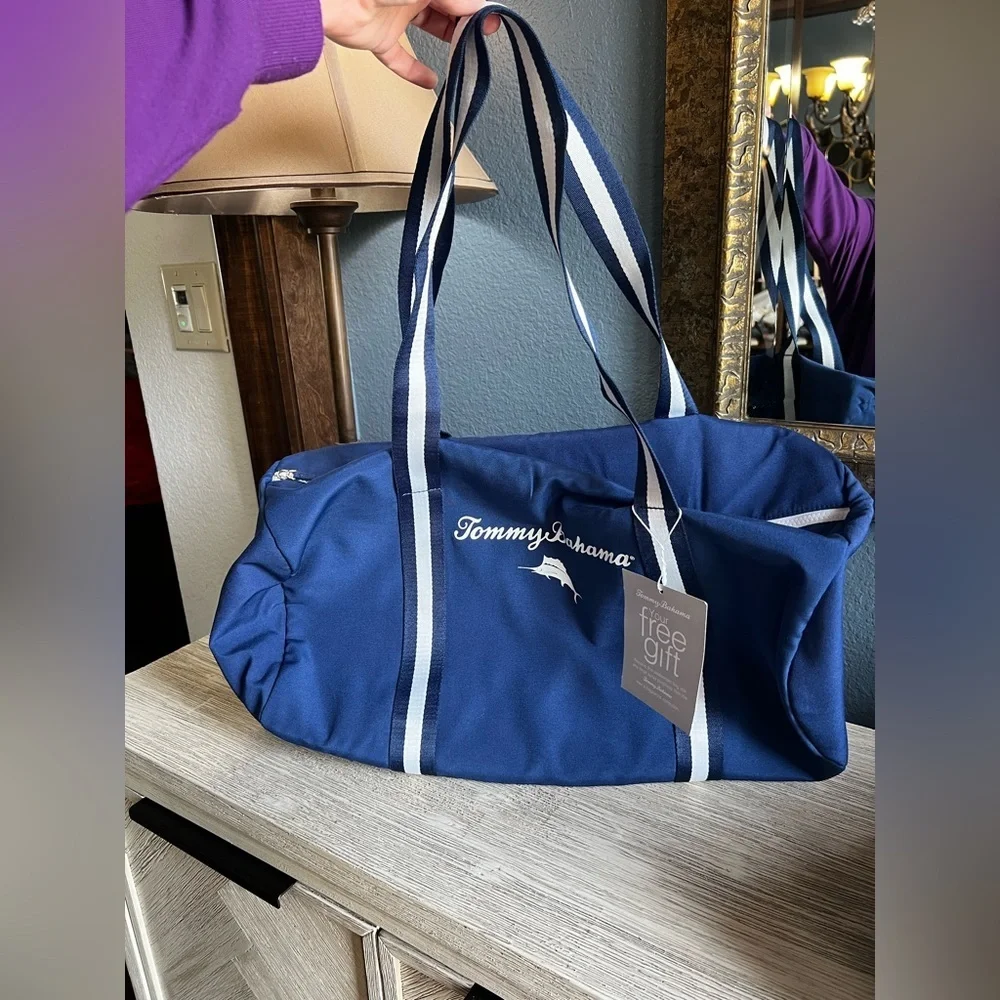 🆕 Tommy Bahama Navy Duffel Bag with White Accents
